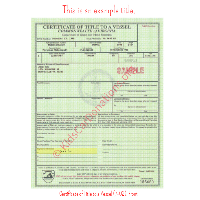 This is an Example of Virginia Certificate of Title to a Vessel (7-02) Front View | Kids Car Donations